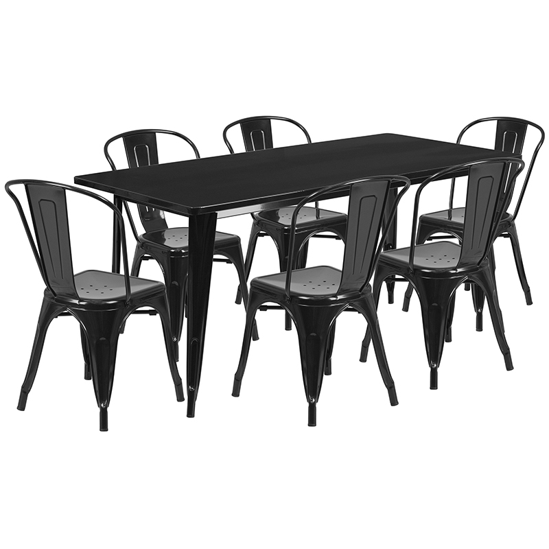 Commercial Grade 31.5 X 63 Rectangular Black Metal Indoor-Outdoor Table Set With 6 Stack Chairs