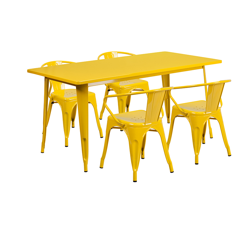 Commercial Grade 31.5 X 63 Rectangular Yellow Metal Indoor-Outdoor Table Set With 4 Arm Chairs