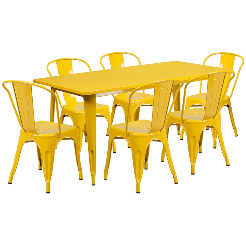 Commercial Grade 31.5 X 63 Rectangular Yellow Metal Indoor-Outdoor Table Set With 6 Stack Chairs