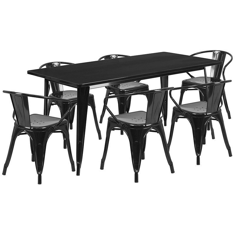 Commercial Grade 31.5 X 63 Rectangular Black Metal Indoor-Outdoor Table Set With 6 Arm Chairs