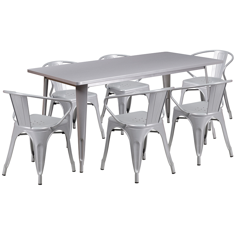 Commercial Grade 31.5 X 63 Rectangular Silver Metal Indoor-Outdoor Table Set With 6 Arm Chairs