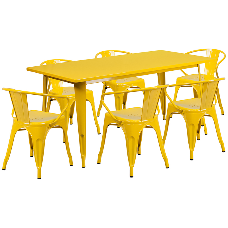 Commercial Grade 31.5 X 63 Rectangular Yellow Metal Indoor-Outdoor Table Set With 6 Arm Chairs