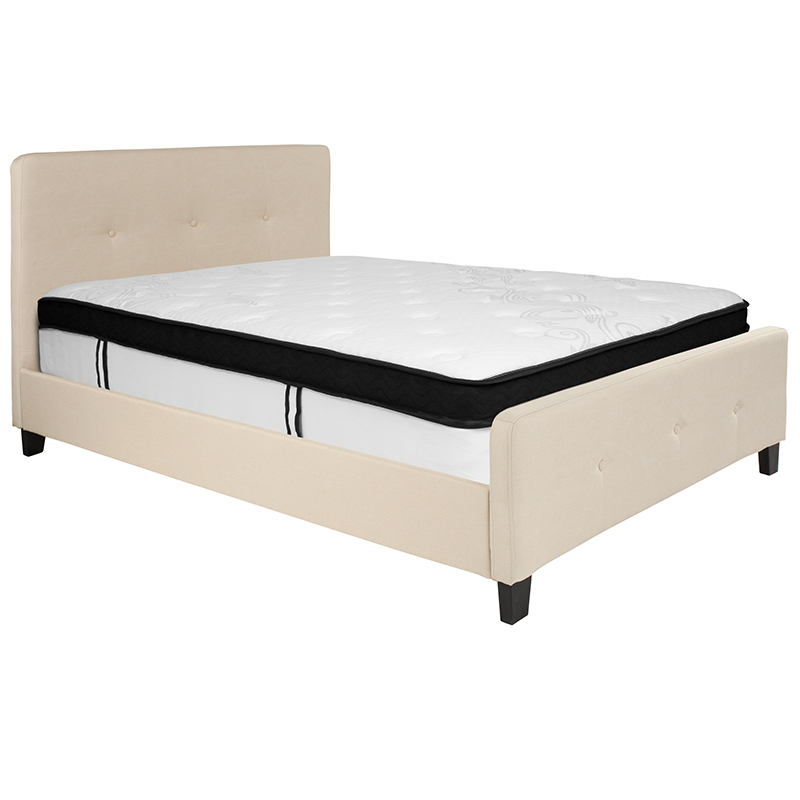 Tribeca Full Size Tufted Upholstered Platform Bed In Beige Fabric With Memory Foam Mattress