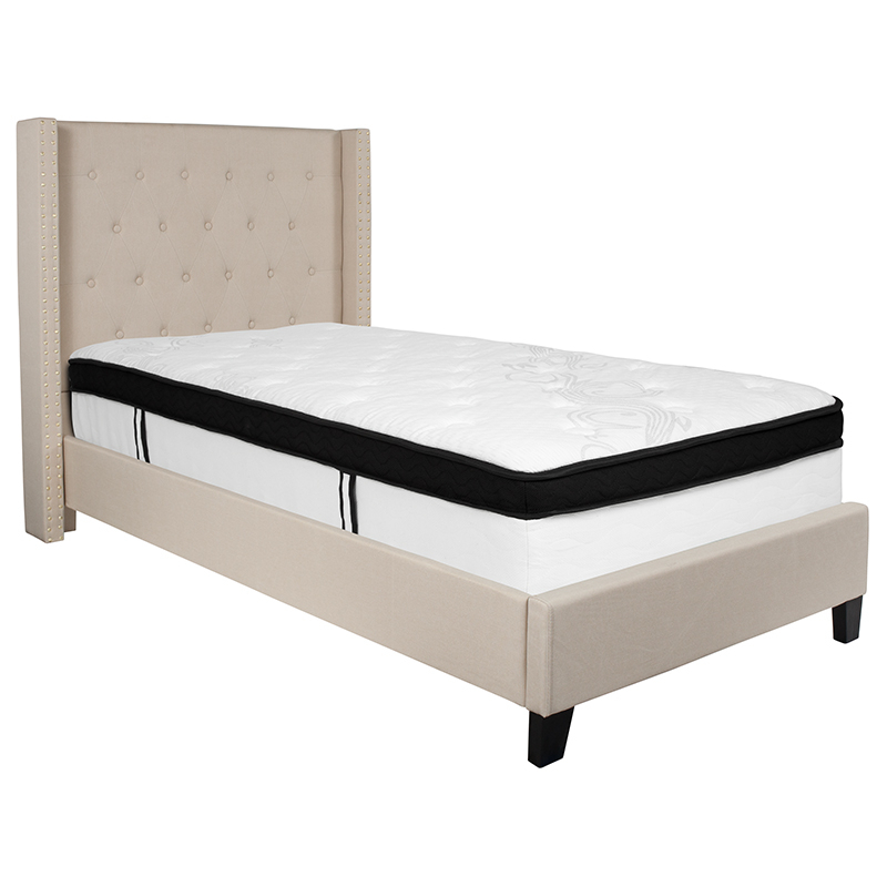 Riverdale Twin Size Tufted Upholstered Platform Bed In Beige Fabric With Memory Foam Mattress