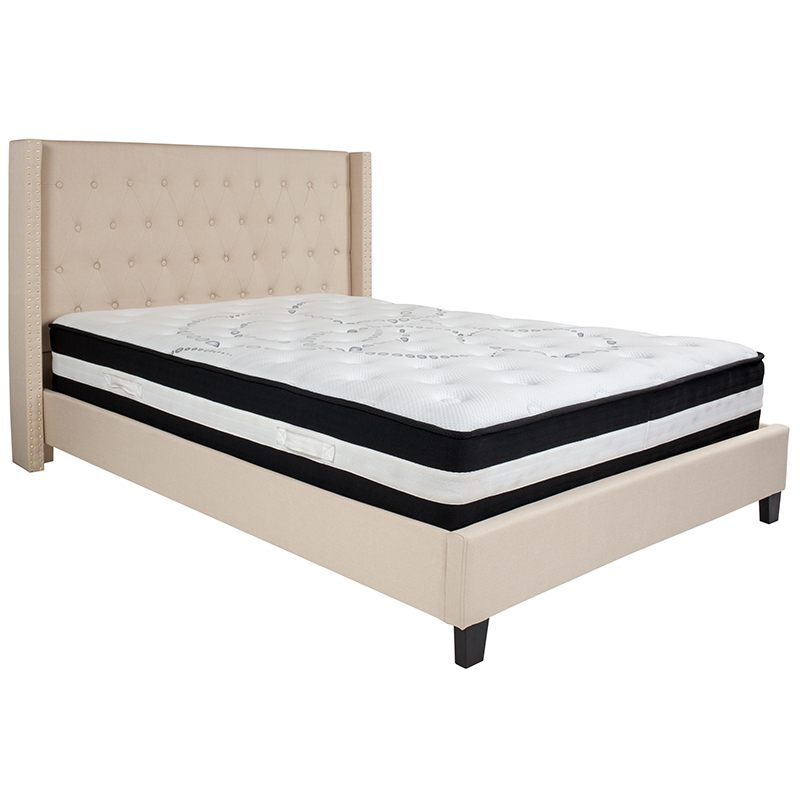 Riverdale Queen Size Tufted Upholstered Platform Bed In Beige Fabric With Pocket Spring Mattress