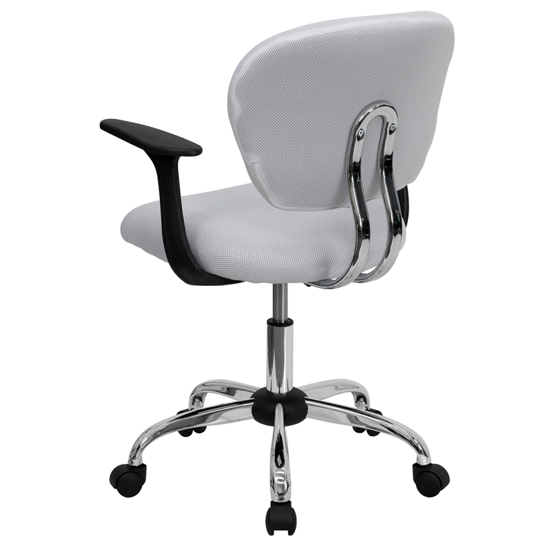 Mid-Back White Mesh Padded Swivel Task Office Chair With Chrome Base And Arms