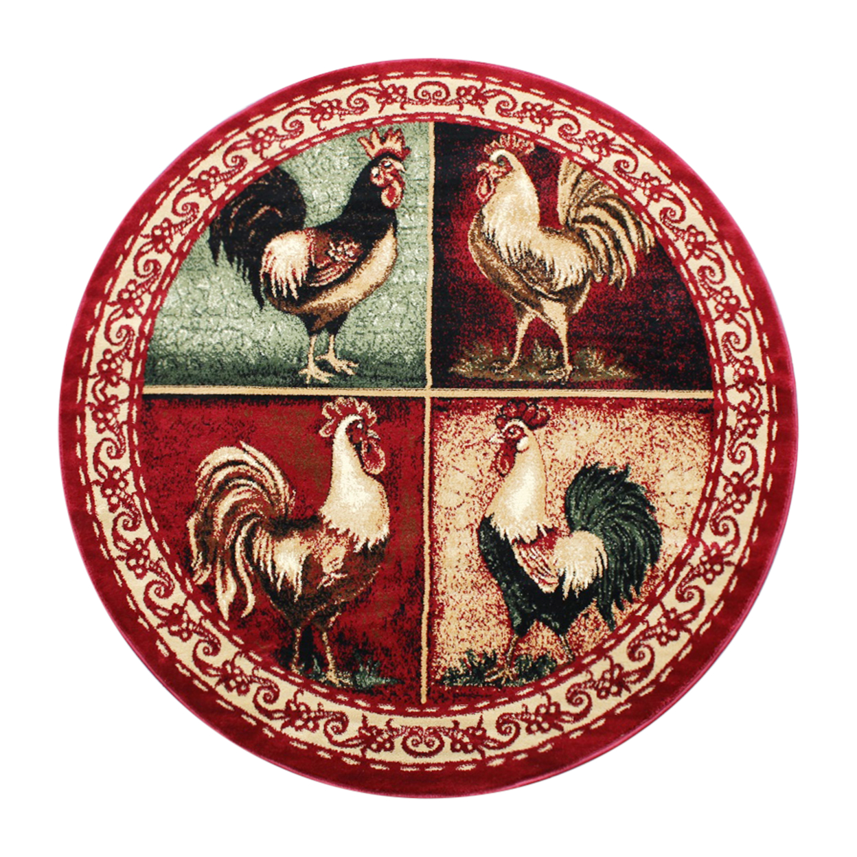 Gallus Collection 6' X 6' Round Red Rooster Themed Olefin Area Rug With Jute Backing For Kitchen, Living Room, Bedroom