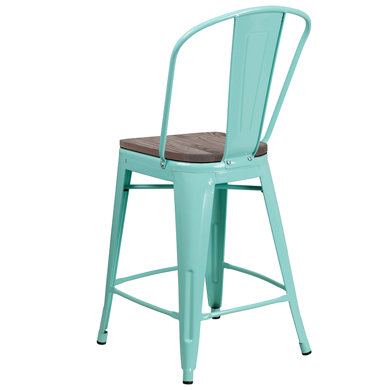 24 High Mint Green Metal Counter Height Stool With Back And Wood Seat