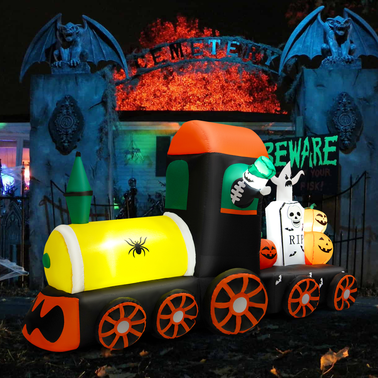 8' Long Inflatable Halloween Train Blow Up Decoration W/LED Lights
