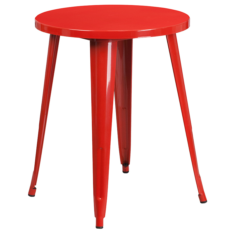Commercial Grade 24 Round Red Metal Indoor-Outdoor Table Set With 2 Vertical Slat Back Chairs