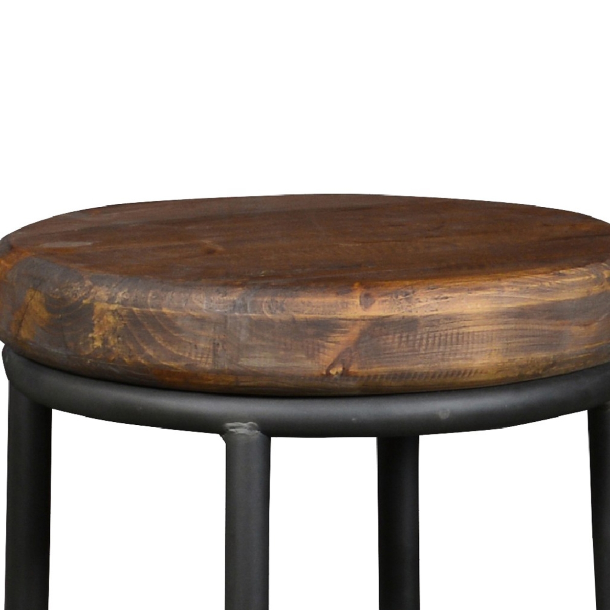 Ken 24 Inch Backless Round Counter Stool, Pine Wood Seat, Brown, Black- Saltoro Sherpi