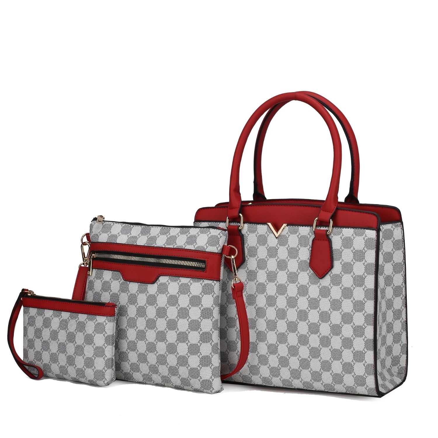 MKF Collection Finnley Vegan Leather Women's 3 Pc Satchel Bag, Crossbody & Wristlet -3-piece Set - Red-white