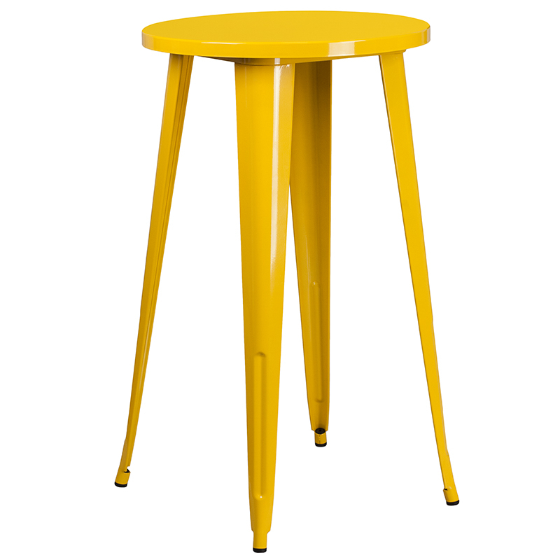 Commercial Grade 24 Round Yellow Metal Indoor-Outdoor Bar Table Set With 2 Vertical Slat Back Stools