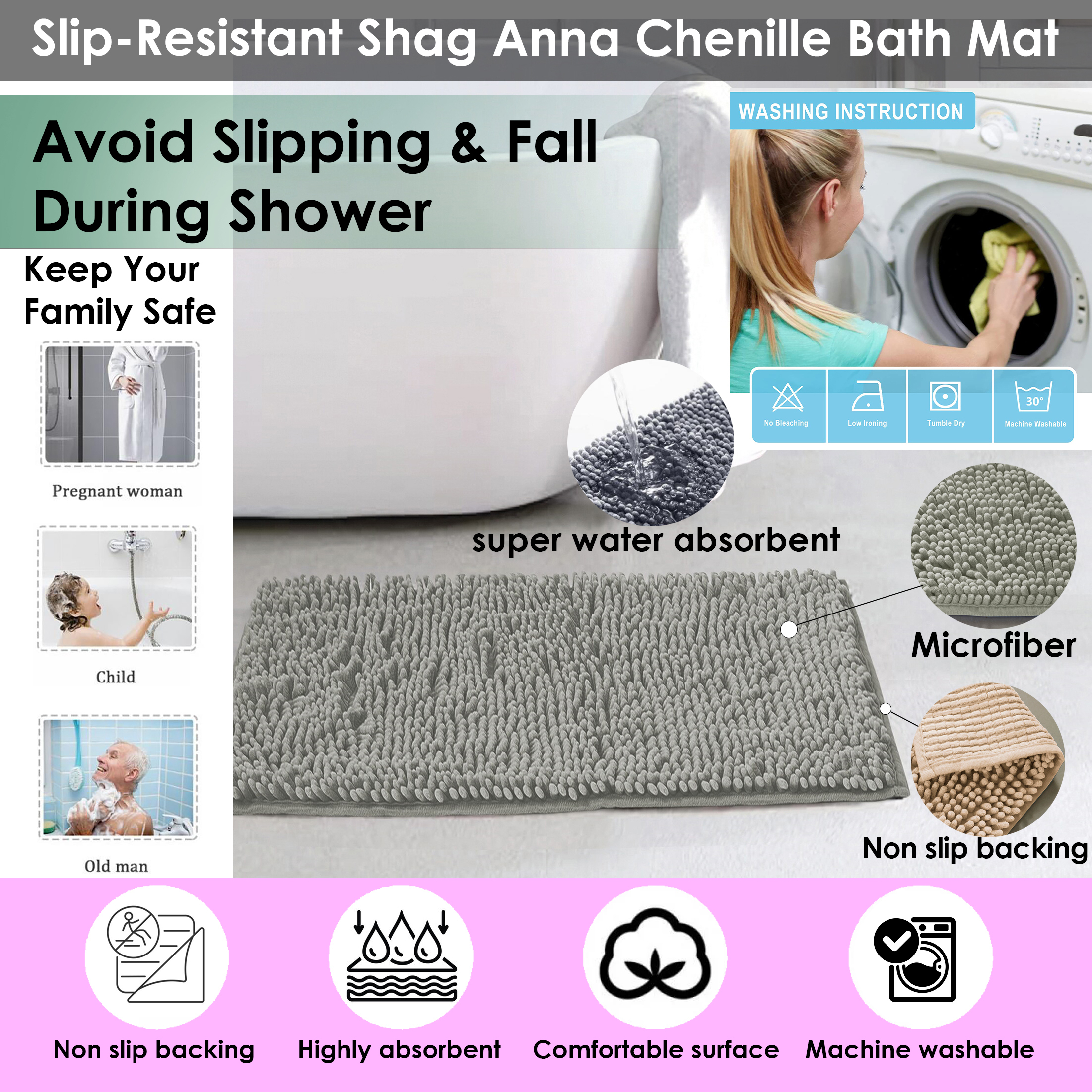 Slip-Resistant Shag Anna Chenille Soft Absorbent Bath Mat Bathroom Rug 17 X 24 - Black