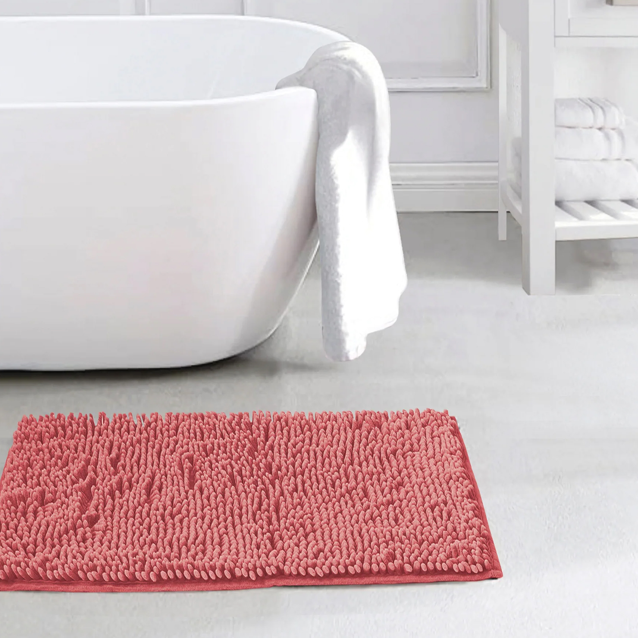 Slip-Resistant Shag Anna Chenille Soft Absorbent Bath Mat Bathroom Rug 17 X 24 - Coral
