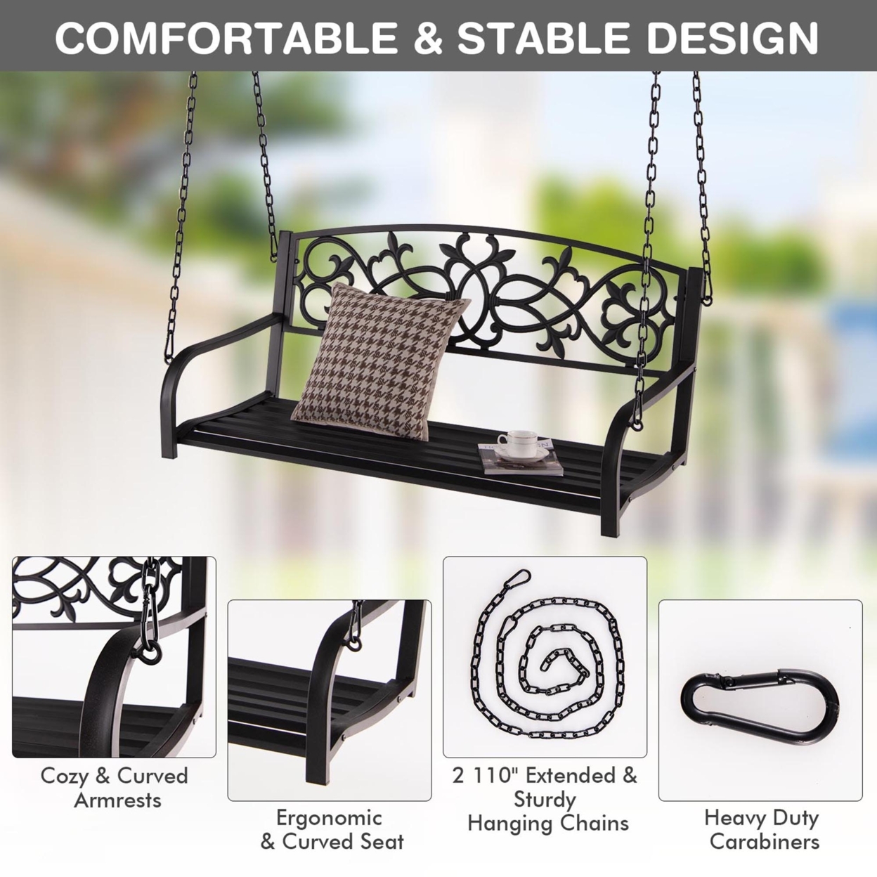 Patio Hanging Porch Swing 2-Person Outdoor Metal Swing Bench Chair W/ Chains - Brown