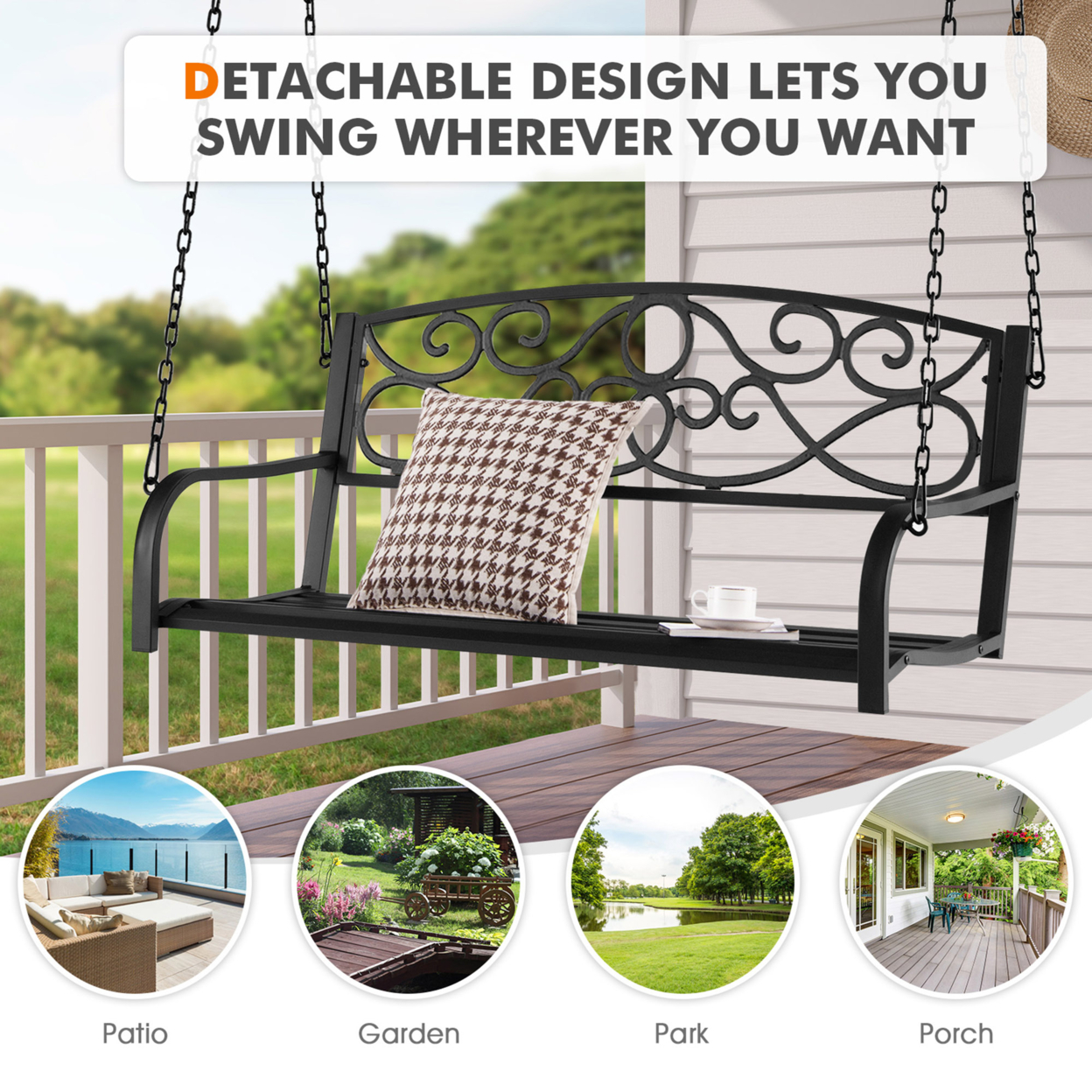 Patio Hanging Porch Swing Outdoor 2-Person Metal Swing Bench Chair W/ Chains - Brown