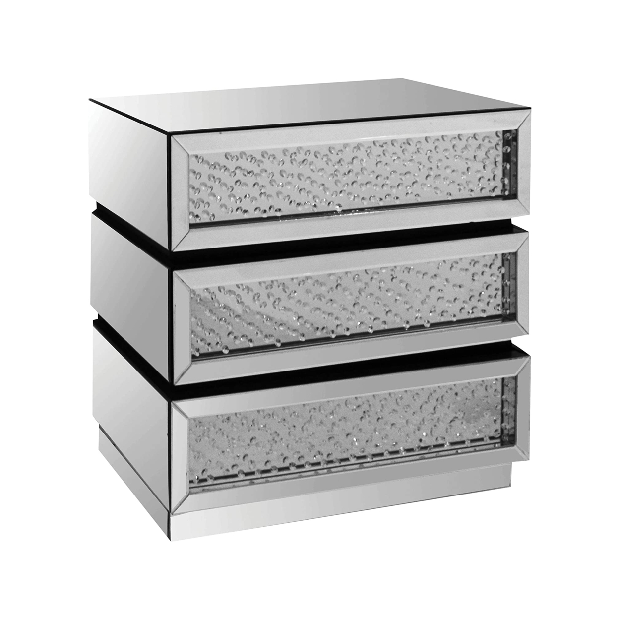 Pali 32 Inch Modern Nightstand Dresser Table, Faux Crystals, Mirror, Silver- Saltoro Sherpi