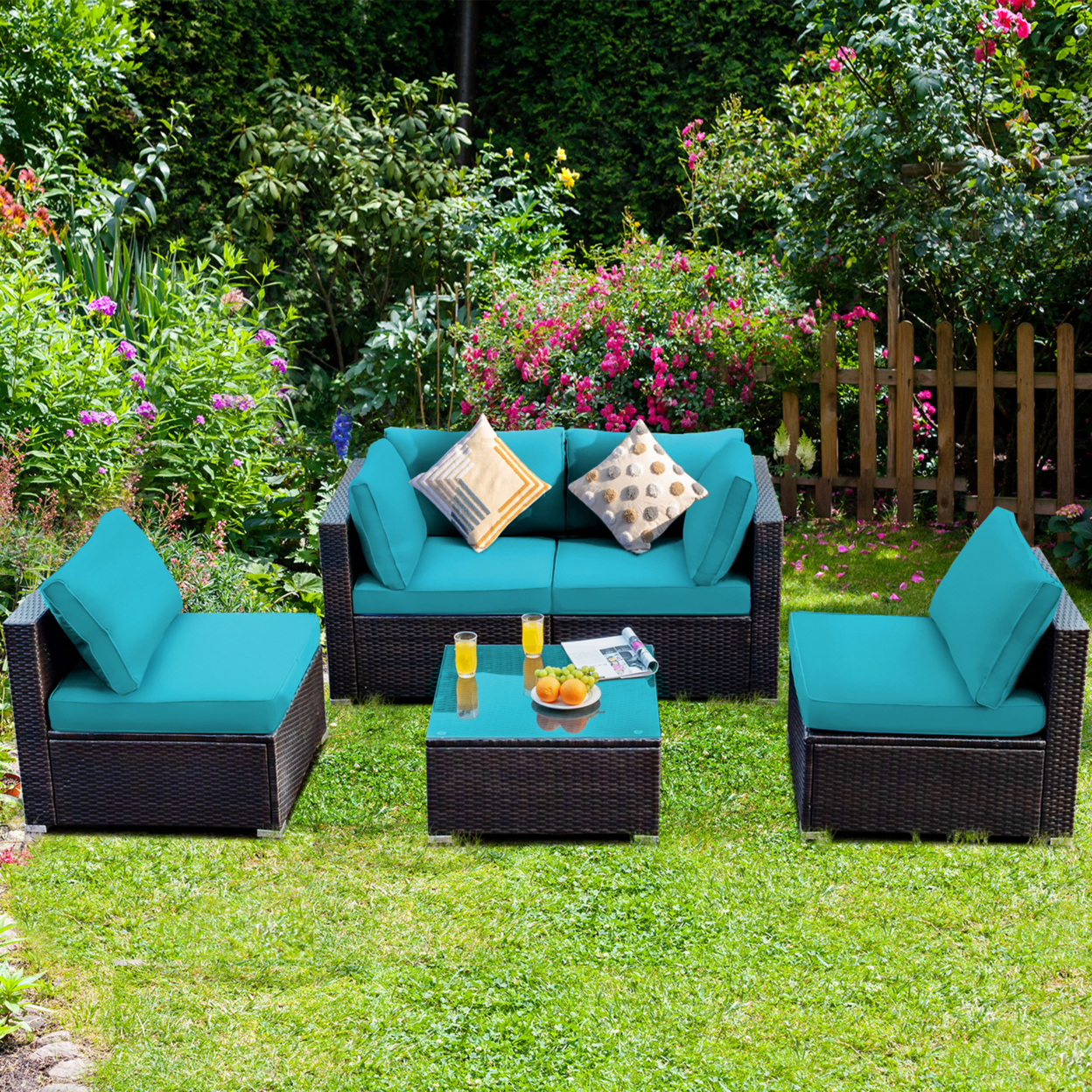 5PCS Rattan Patio Conversation Set Sofa Furniture Set W/ Turquoise Cushions