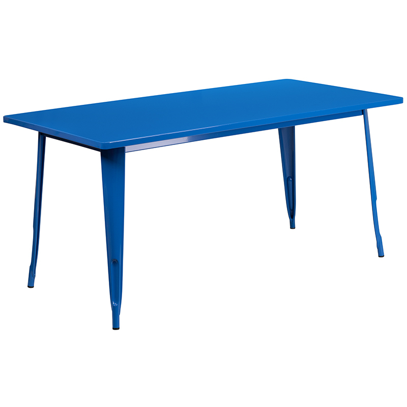 Commercial Grade 31.5 X 63 Rectangular Blue Metal Indoor-Outdoor Table Set With 4 Arm Chairs