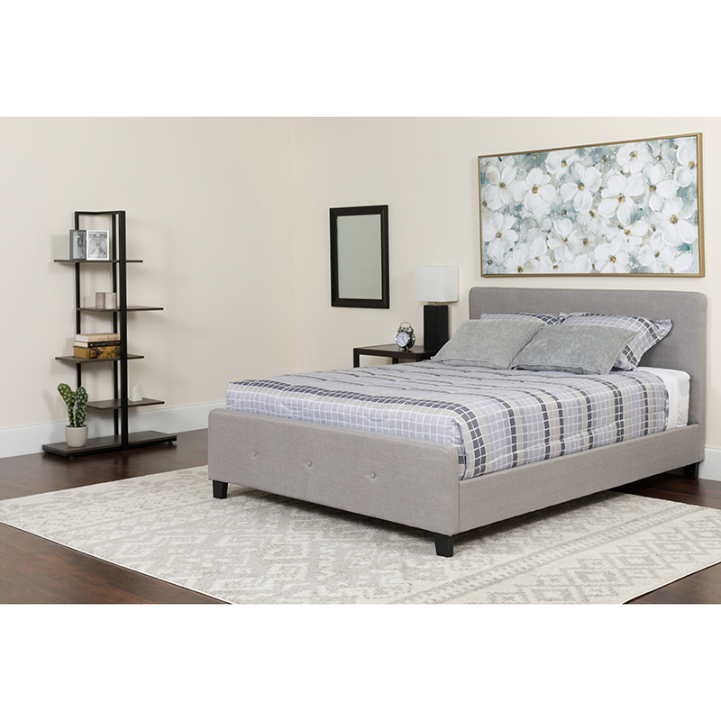 Tribeca Queen Size Tufted Upholstered Platform Bed In Light Gray Fabric With Pocket Spring Mattress