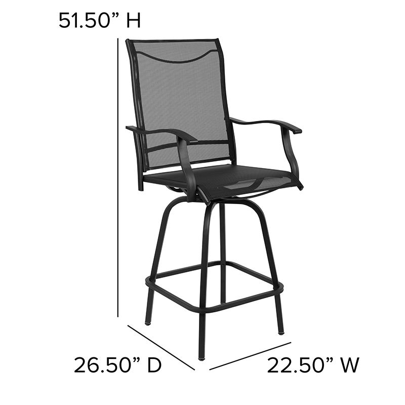 Patio Bar Height Stools Set Of 2, All-Weather Textilene Swivel Patio Stools And Deck Chairs With High Back & Armrests In Black