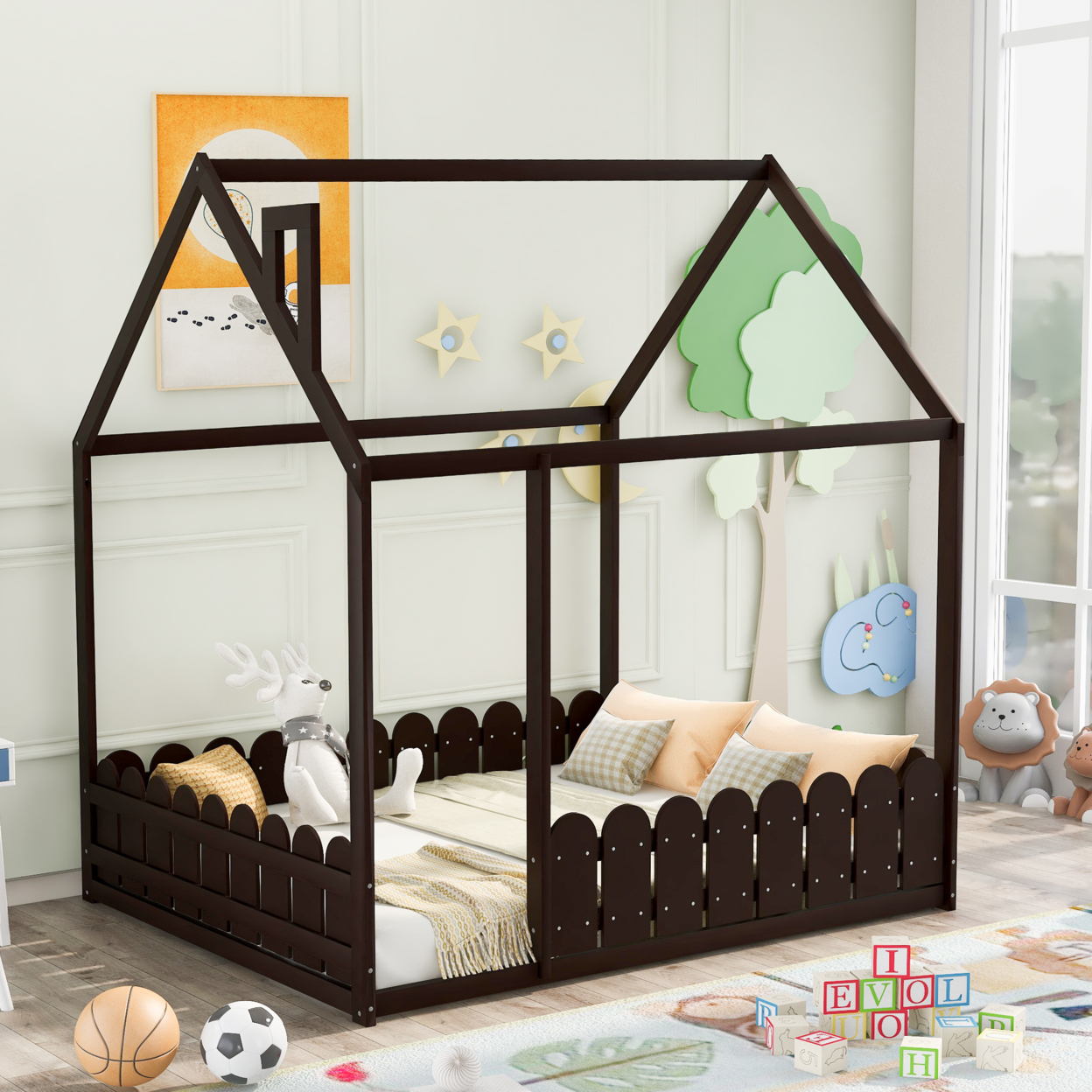 ï¿½ï¿½Slats are not included) Full Size Wood Bed House Bed Frame with Fence, for Kids, Teens, Girls, Boys (Espresso )