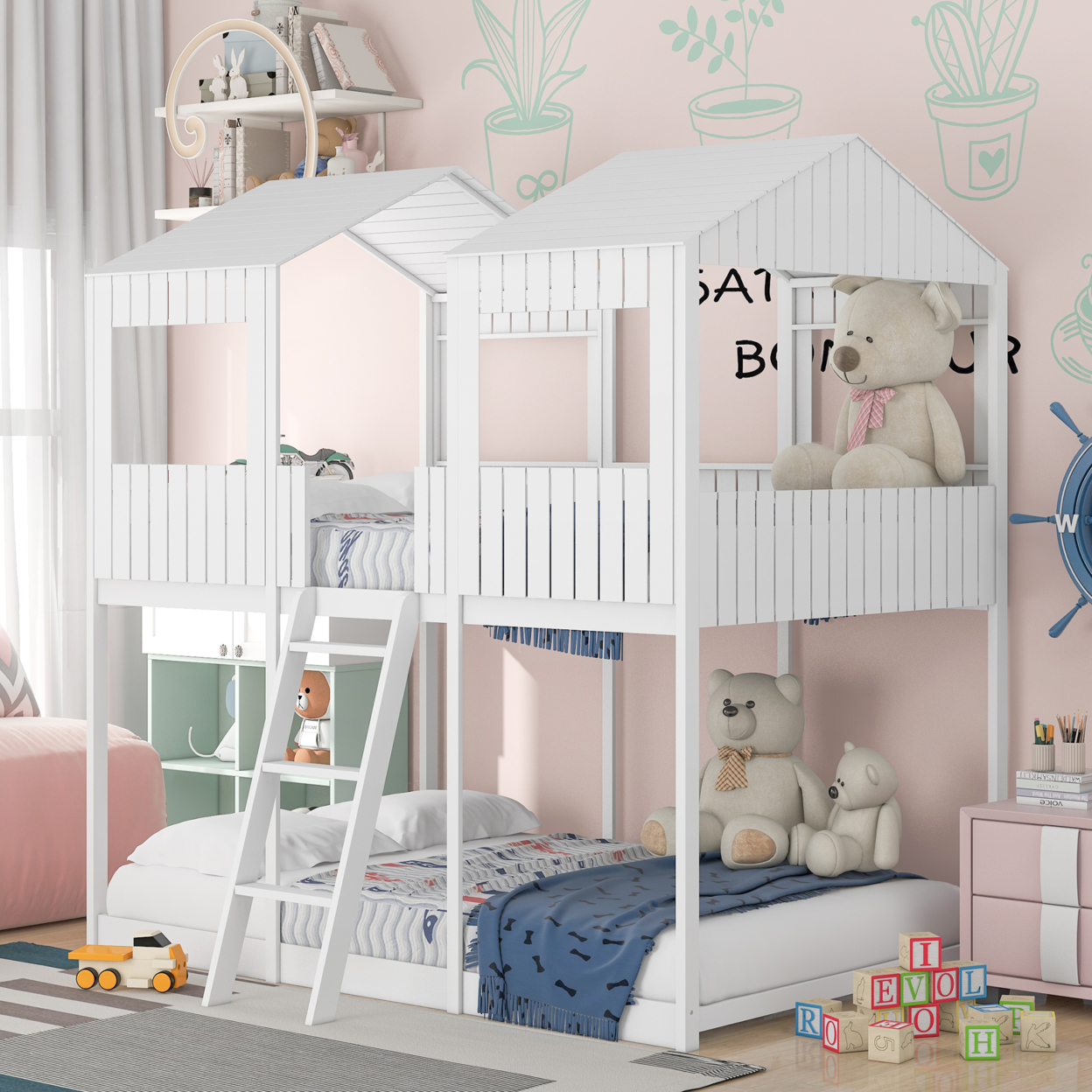 Full Over Full WoodBunk Bed with Roof, Window, Guardrail, Ladder(White)( old sku: LP000031AAK )