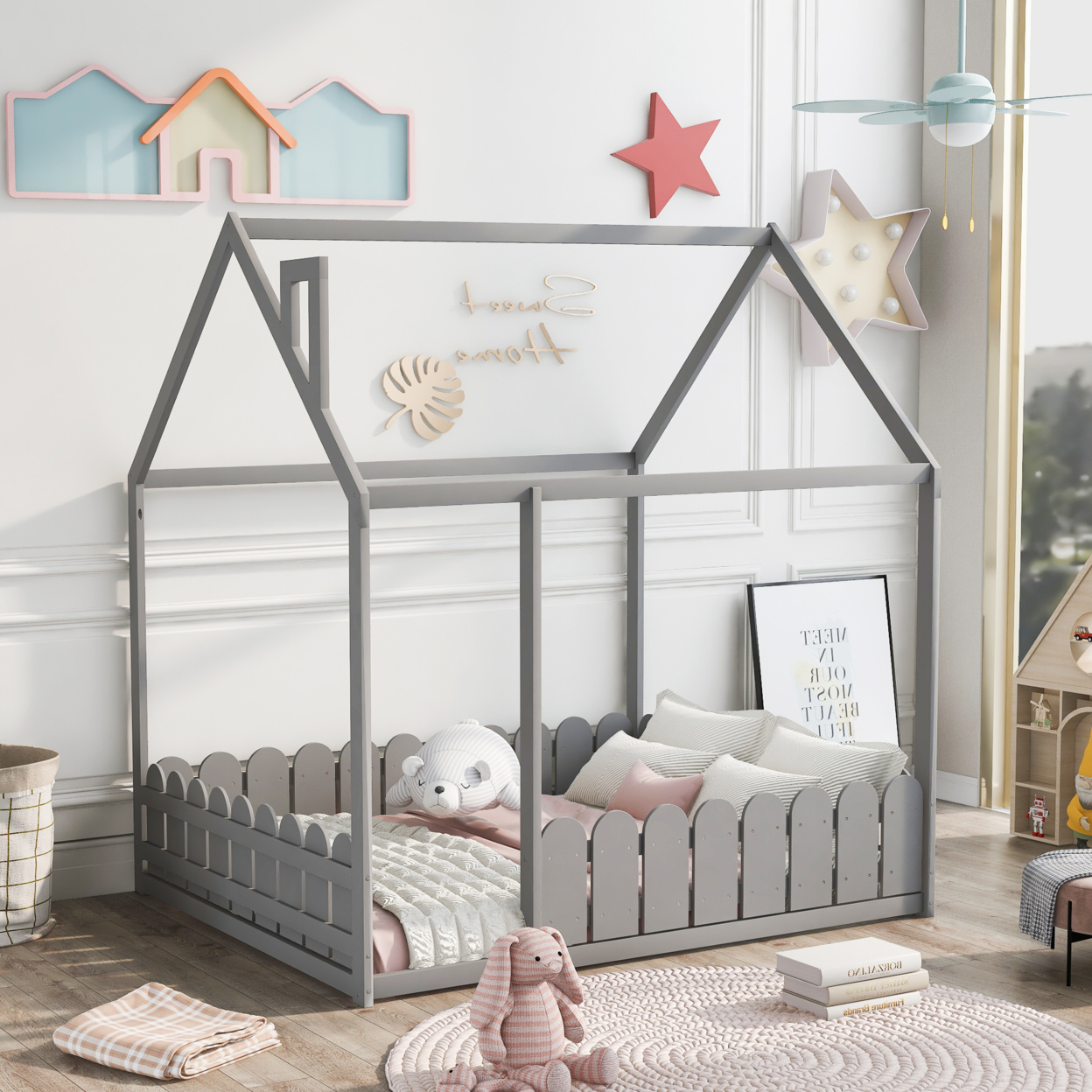 ï¿½ï¿½Slats are not included) Full Size Wood Bed House Bed Frame with Fence, for Kids, Teens, Girls, Boys (Gray )