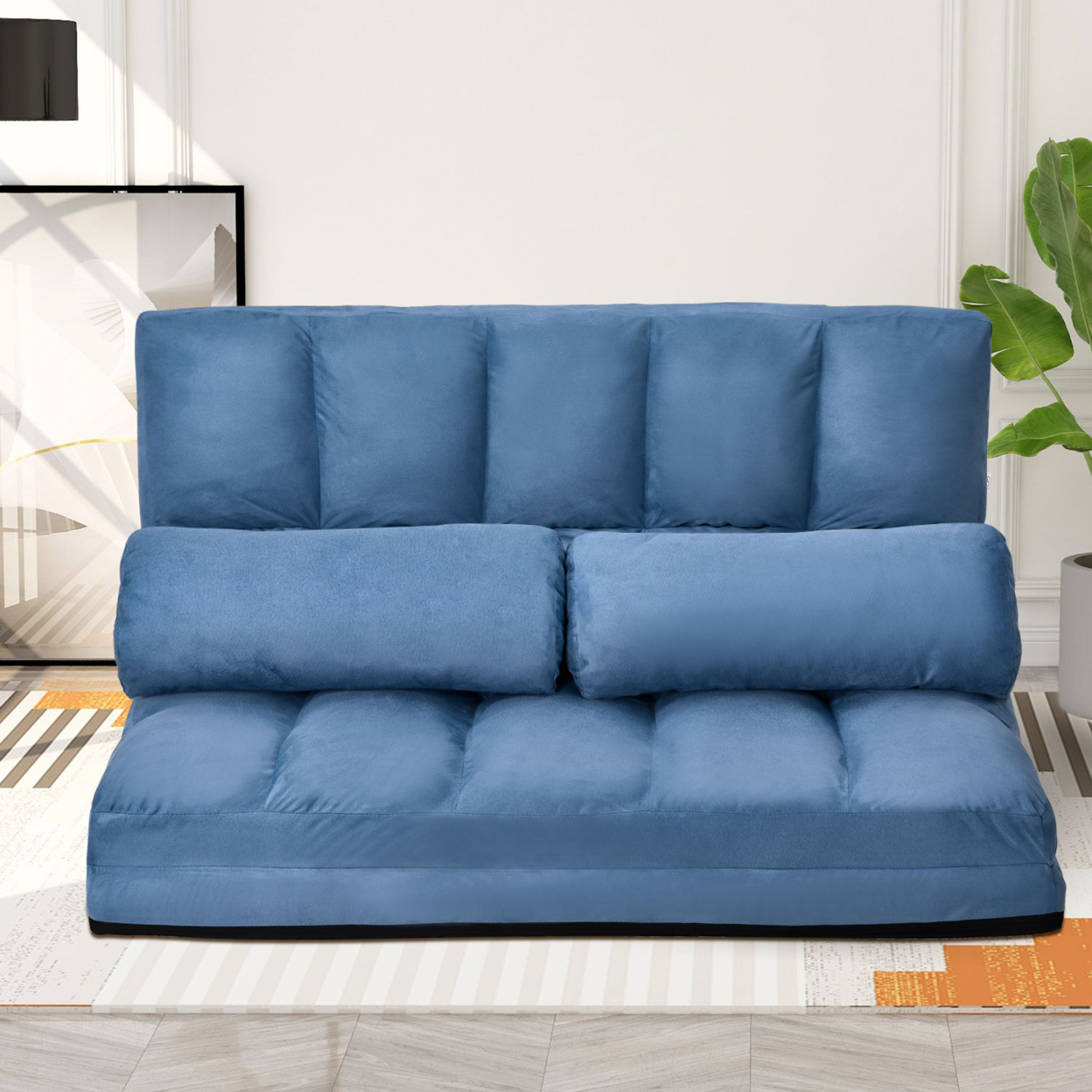 Double Chaise Lounge Sofa Floor Couch and Sofa with Two Pillows for Living Room(Blue)(old SKU:PP036317CAA)