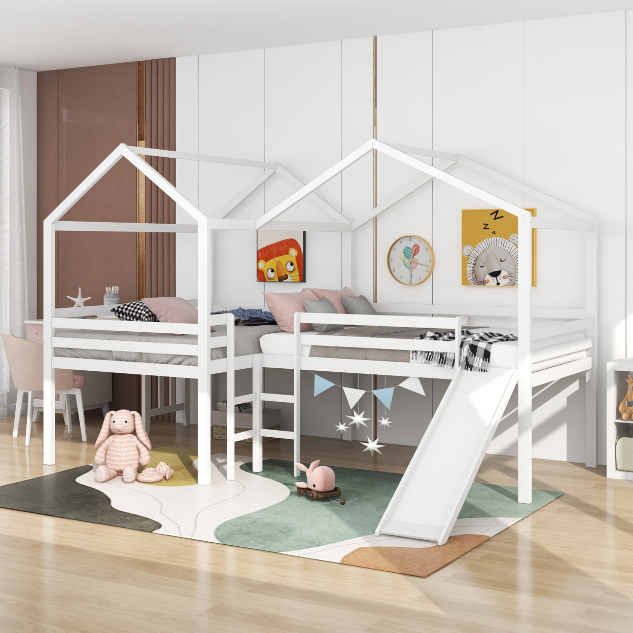 Full size Loft Bed Wood Bed with Roof,Slide,Guardrail,House Bed (White)