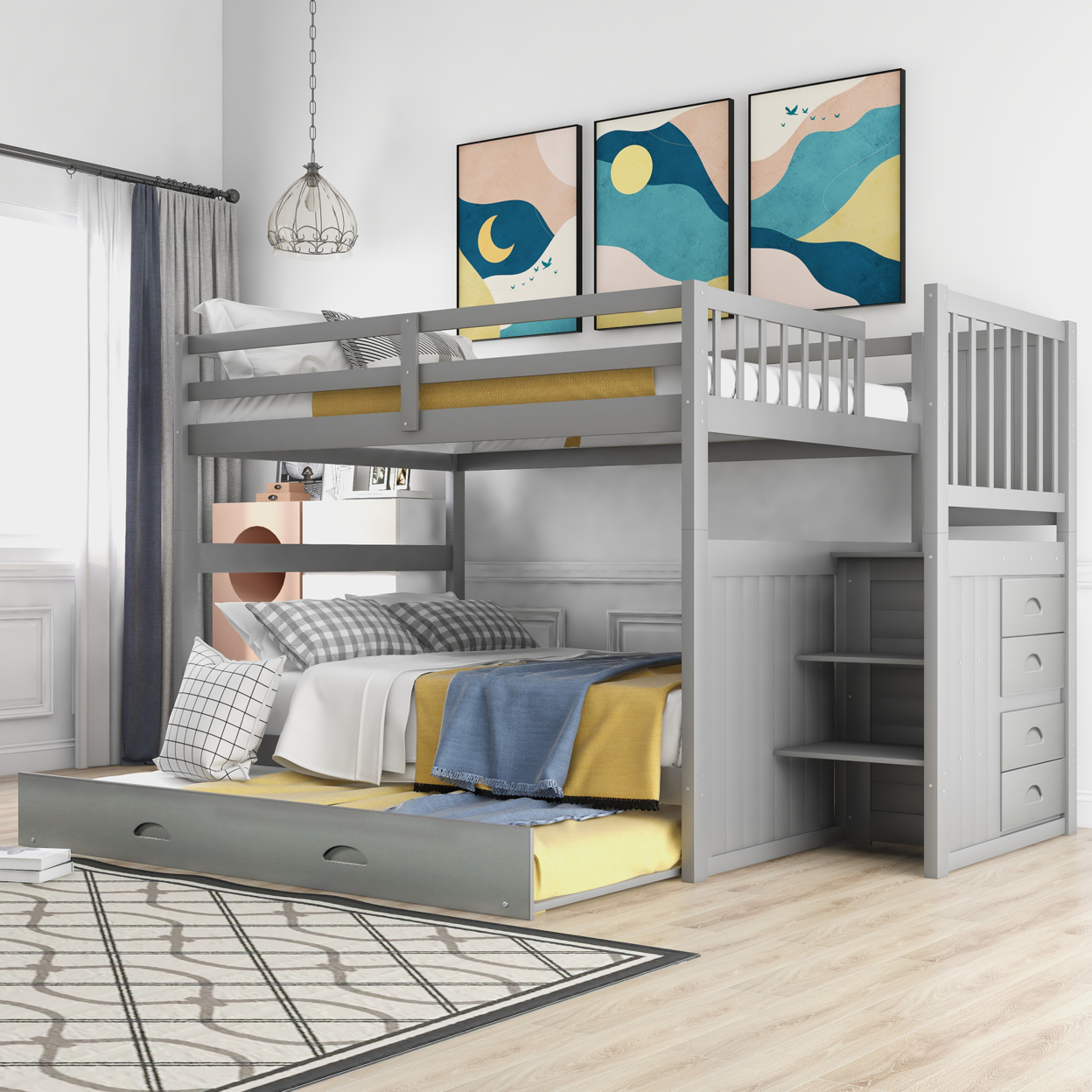 Full over Full Bunk Bed with Twin Size Trundle,Gray ( old sku: LP000026AAE )