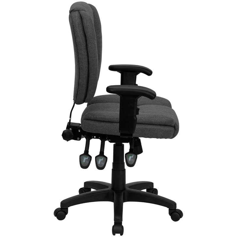 Mid-Back Gray Fabric Multifunction Swivel Ergonomic Task Office Chair With Pillow Top Cushioning And Arms