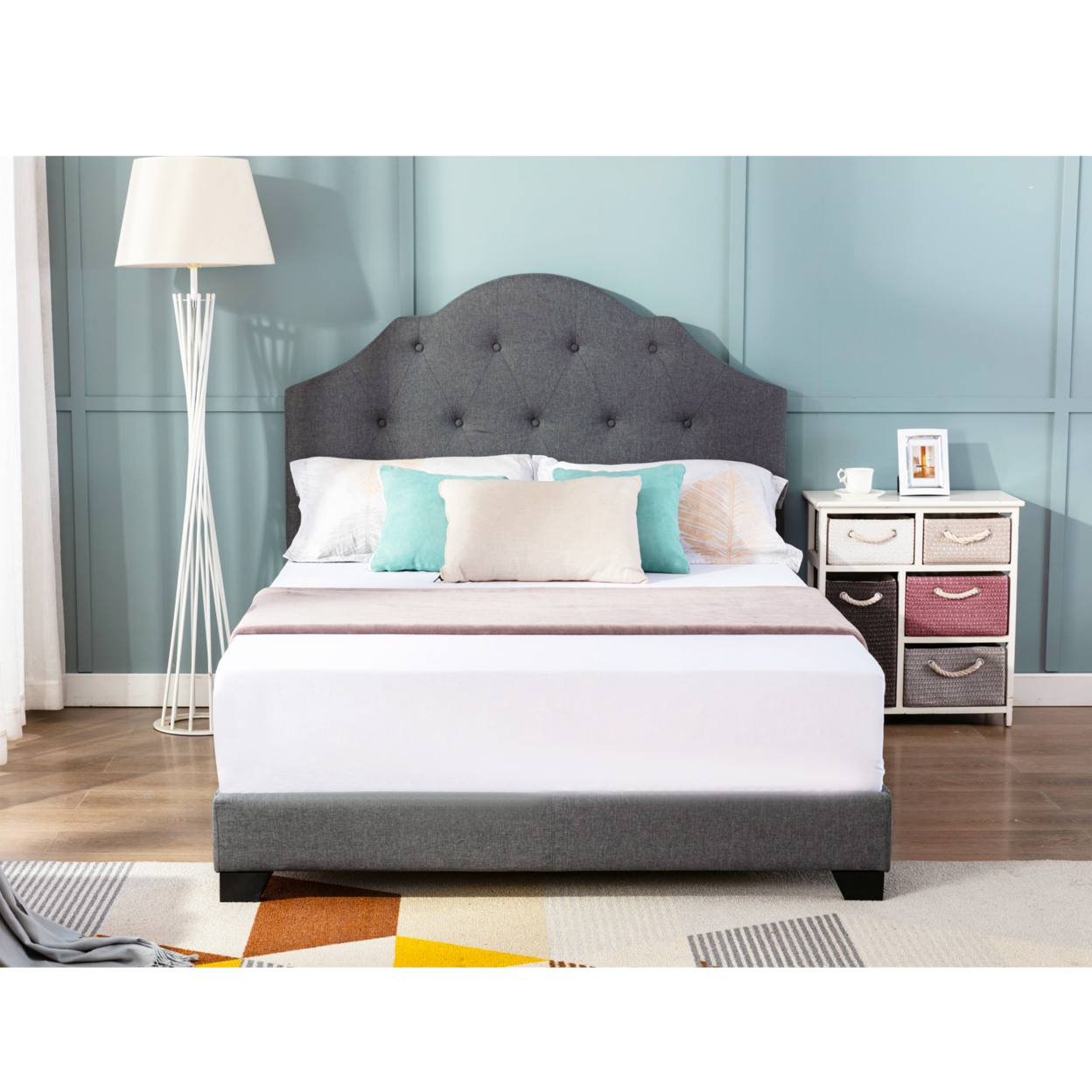 Soild Wood Upholstered Low Profile Platform Bed Fram/Mattress Base With Button Tufted Adjustable Height Headboard DOUBLE SIZE