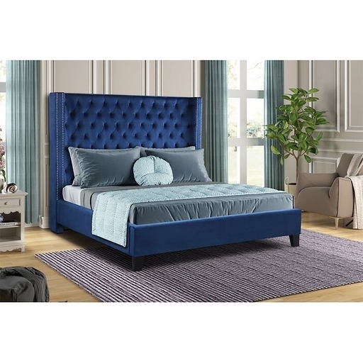 Galaxy Home Allen Tufted Upholstered Velvet Queen Bed in Navy Blue