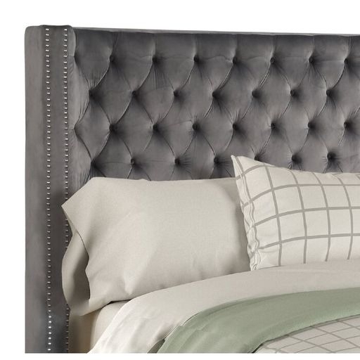 Galaxy Home Allen Tufted Upholstered Velvet Queen Bed in Gray