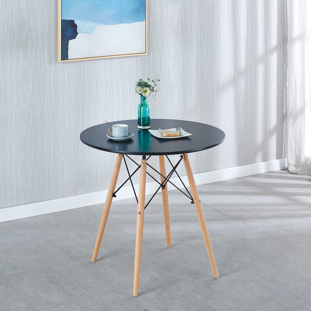 31.5"Black Table Mid-century Dining Table for 2-4 people With Round Mdf Table Top, Pedestal Dining Table, End Table Leisure Coffee Table