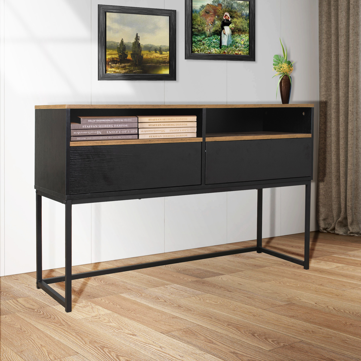 Console Sofa Table with 2 Open Shelves and 2 Drawers for Living Room, Brown (47.24''x15.75''x29.13'')