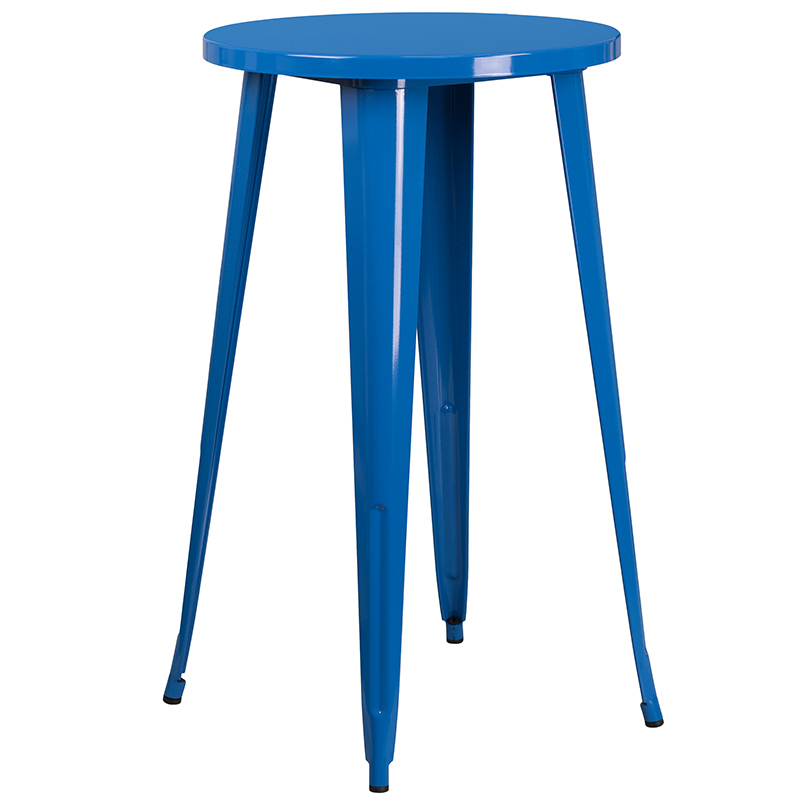 Commercial Grade 24 Round Blue Metal Indoor-Outdoor Bar Table Set With 2 Vertical Slat Back Stools