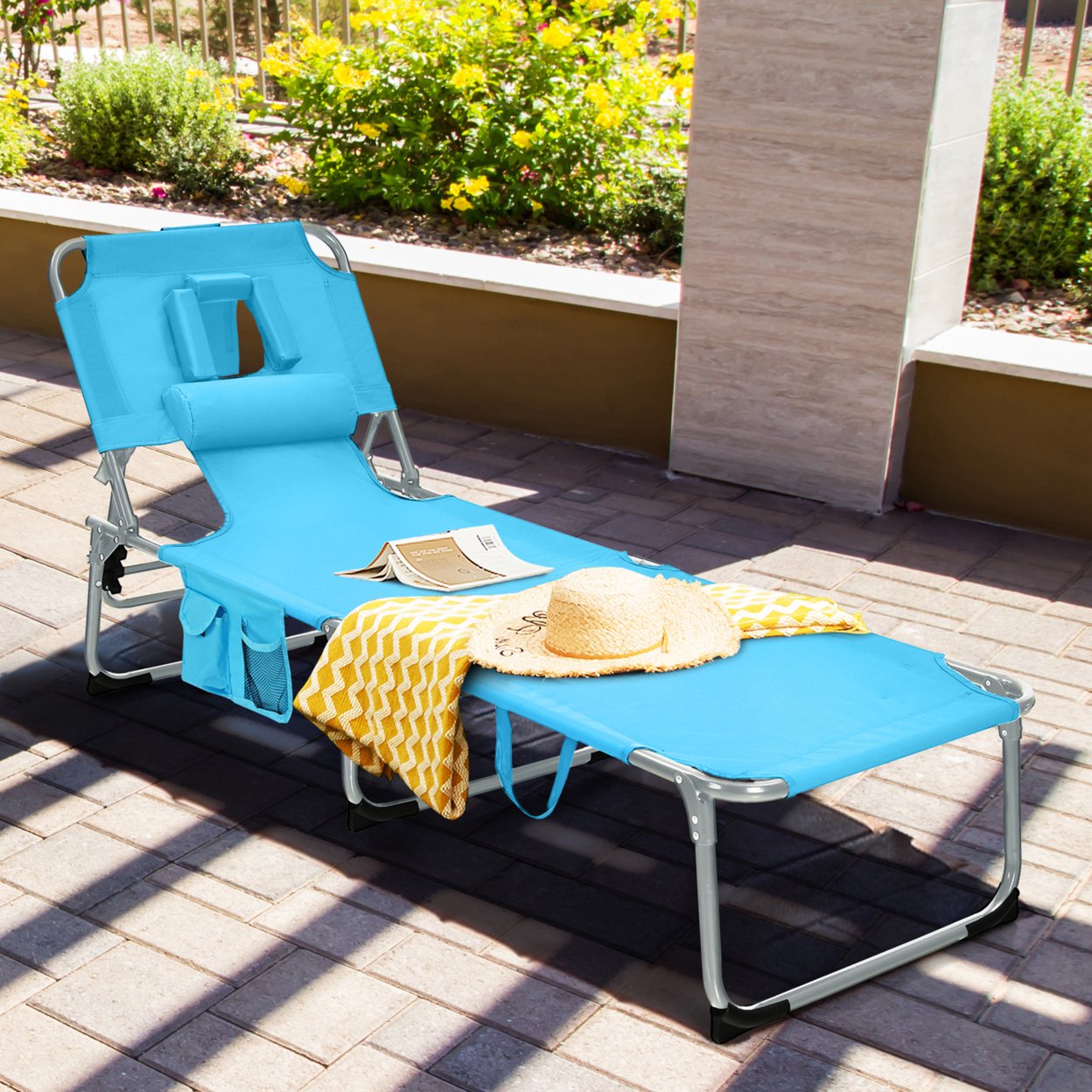 Portable Beach Chaise Lounge Chair Folding Reclining Chair W/ Facing Hole - Turquoise