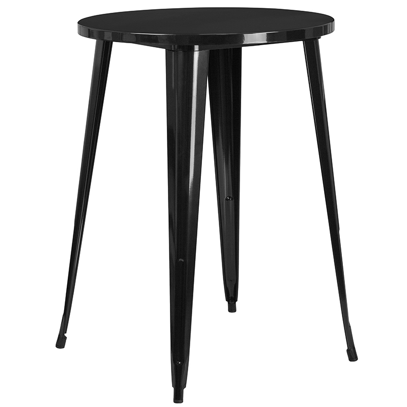 Commercial Grade 30 Round Black Metal Indoor-Outdoor Bar Table Set With 2 Square Seat Backless Stools