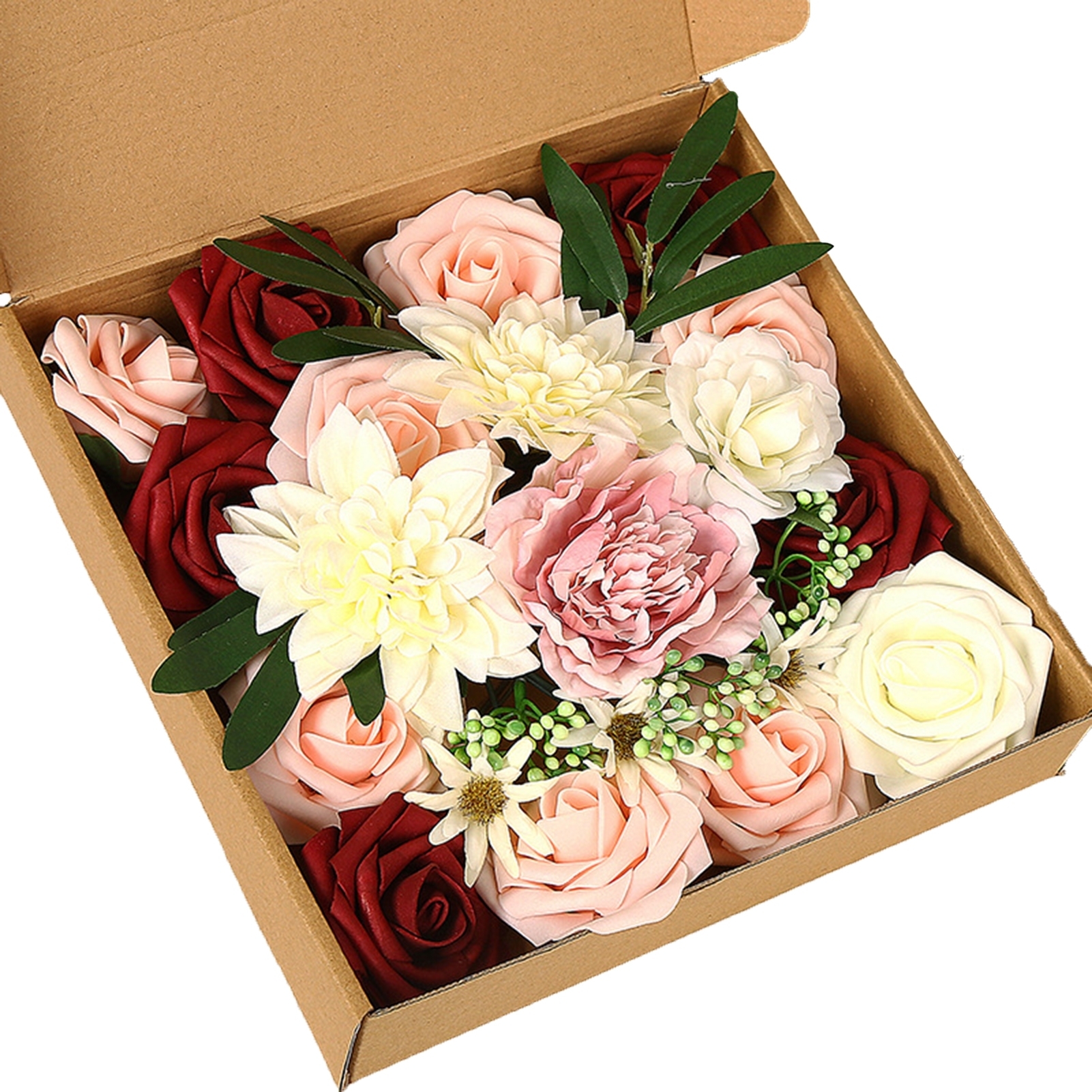 1 Box Beautiful Realistic Artificial Flower Faux Silk Flower Vivid Fine Texture Simulation Rose Wedding Accessories - red white