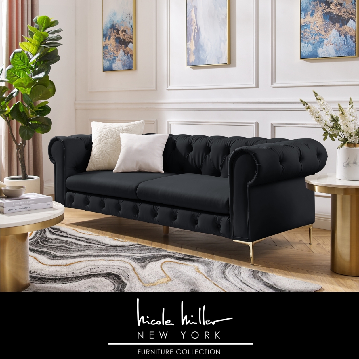 Laci Sofa - Button Tufted, 3 Seat - Rolled Arms - Y Leg, Sinuous Springs - Black