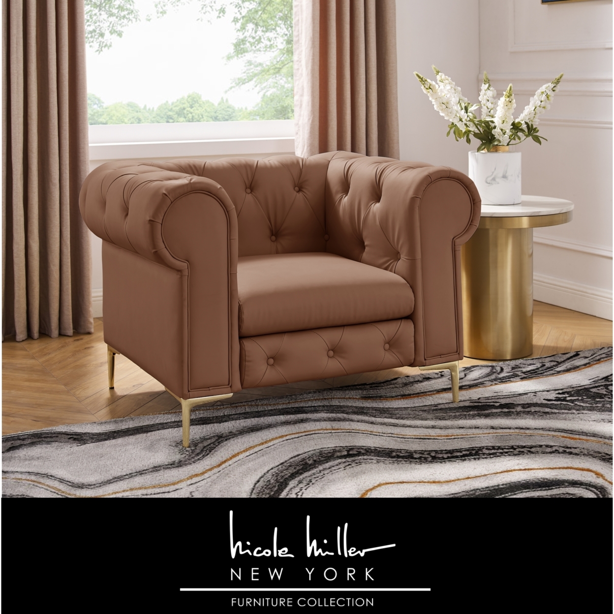 Laci Club Chair - Button Tufted - Rolled Arms - Y Leg, Sinuous Springs - Brown