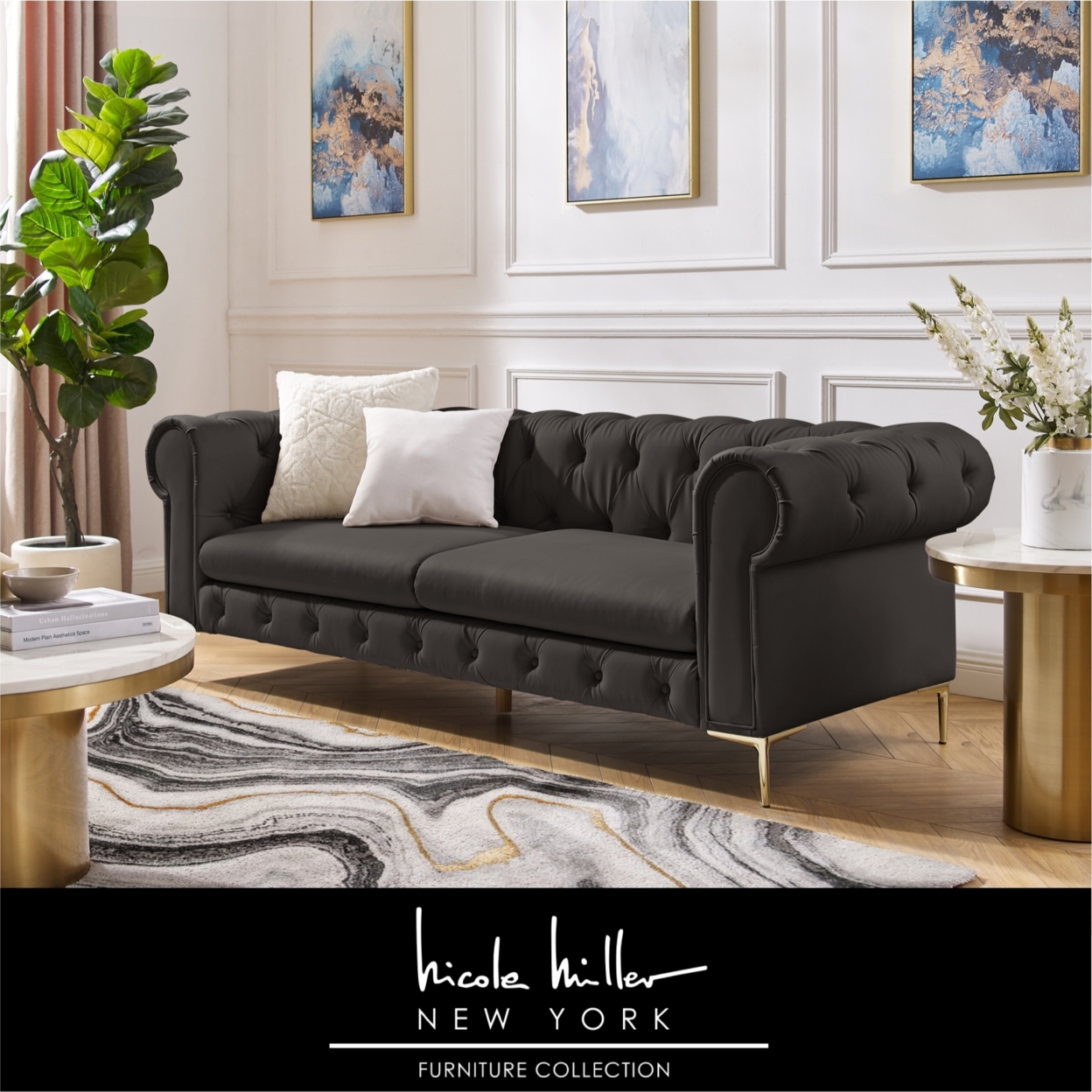 Laci Sofa - Button Tufted, 3 Seat - Rolled Arms - Y Leg, Sinuous Springs - Camel