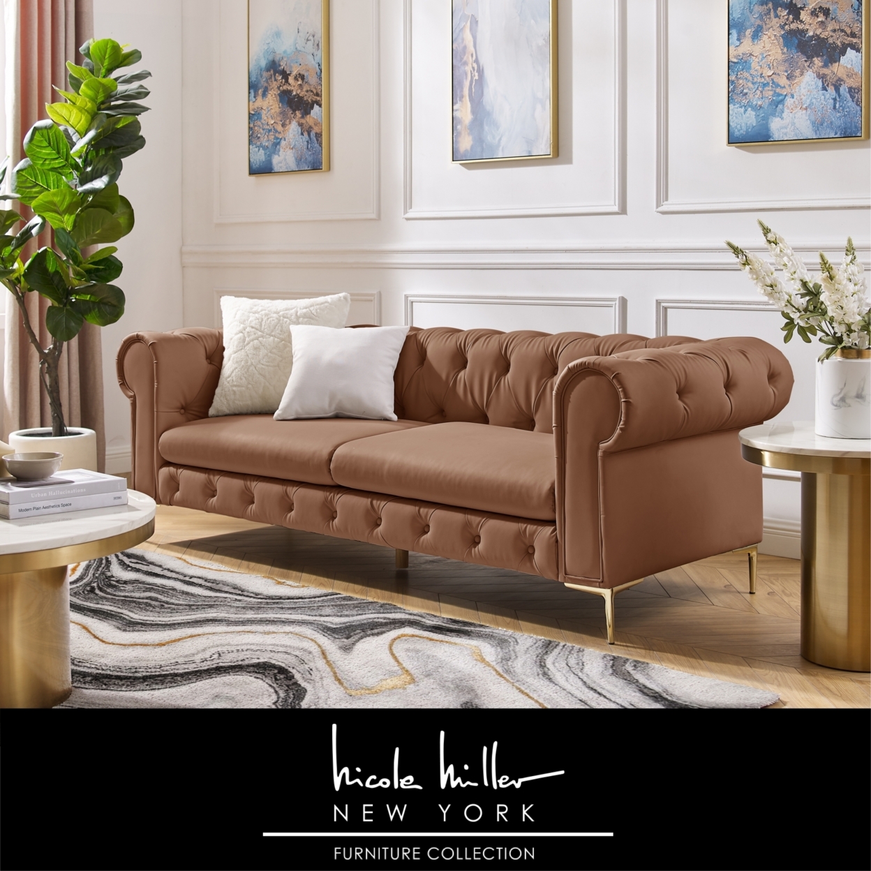 Laci Sofa - Button Tufted, 3 Seat - Rolled Arms - Y Leg, Sinuous Springs - Camel