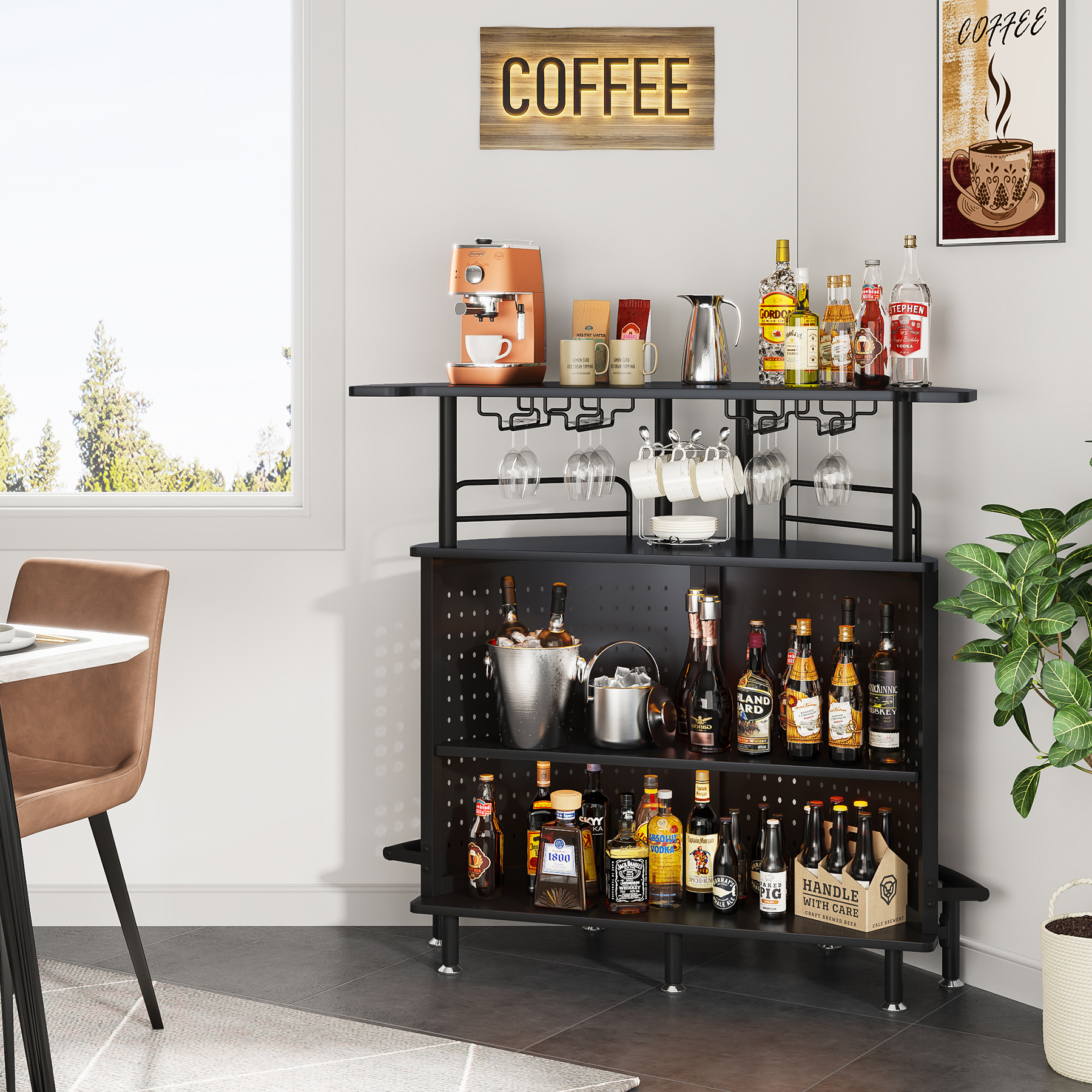 Tribesigns Smart Bar Unit With Led Lights, 3-Tier Liquor Bar Table With Wine Glasses Holder And Storage Shelves, Wine Bar Cabinet