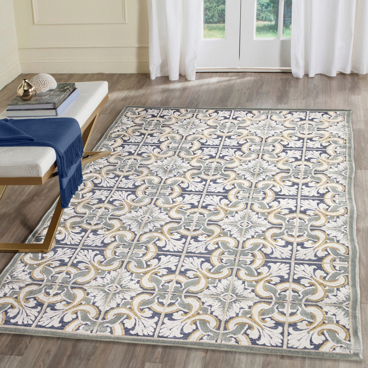 Liora Manne Canyon Floral Tile Indoor Outdoor Area Rug Navy - 7'8 X 9'10