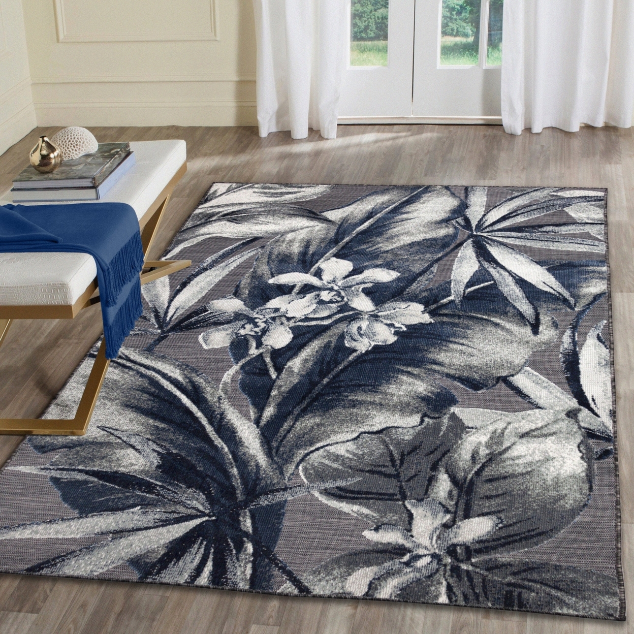Liora Manne Canyon Tropical Leaf Indoor Outdoor Area Rug Charcoal - 4'9 X 7'6