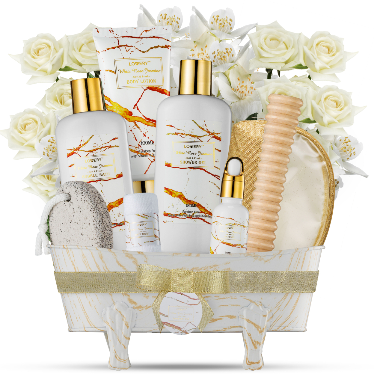 Home Spa Gift Basket, Self Care Gifts, White Rose Jasmine Bath & Body Gift Basket